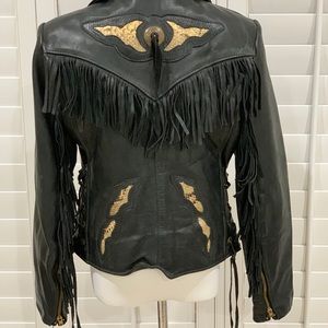 Vtg 90’s leather fringe biker moto jacket Sz L